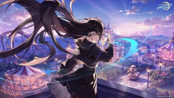 1girl absurdres amusement_park armband artist_request black_hair black_sailor_collar black_shirt black_skirt blue_eyes carousel cloud cloudy_sky commentary_request copyright_name cowboy_shot english_text fuwa_yayoi highres lamppost landscape logo long_hair looking_back midriff_peek official_art pleated_skirt riichi_city roller_coaster sailor_collar shirt skirt sky solo standing very_long_hair white_armband wind wind_lift