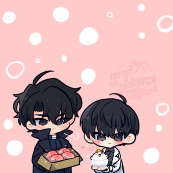 2boys ahoge animal biyoo_(omniscient_reader&#039;s_viewpoint) black_coat black_eyes black_hair black_shirt box coat collared_shirt commentary double-parted_bangs expressionless food fruit hair_between_eyes highres holding holding_animal holding_box kim_dokja kimidori_22 male_focus multiple_boys omniscient_reader&#039;s_viewpoint open_clothes open_coat peach popped_collar shirt short_hair symbol-only_commentary white_coat yoo_joonghyuk