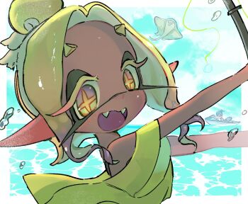 +_+ 1boy 2girls :d bare_shoulders big_man_(splatoon) blonde_hair colored_eyelashes colored_tips colored_tongue dark-skinned_female dark_skin fangs frye_(splatoon) frye_(splatoon_raiders) highres inkling looking_at_viewer maki_chaa multicolored_hair multiple_girls nintendo octoling open_mouth pointy_ears purple_tongue shiver_(splatoon) shiver_(splatoon_raiders) smile splatoon_(series) splatoon_3 tentacle_hair two-tone_hair wavy_hair