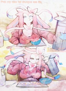 1girl :< adversarial_noise animal_ears animal_nose arm_up artist_name blue_sclera body_fur bow bowl box breasts censored censored_text cereal cereal_box claws cleavage closed_mouth colored_sclera crop_top dated drink_carton english_text failure fang female_focus furry furry_female gen_6_pokemon hair_between_eyes hair_bow hair_ribbon half-closed_eyes highres holding holding_box holding_milk_carton jacket large_breasts long_hair long_sleeves looking_down milk milk_carton multiple_views navel nintendo off_shoulder open_clothes open_jacket pink_bow pink_fur pink_hair pink_jacket pink_shirt pokemon pokemon_(creature) profanity revision ribbon sequential shirt sidelocks signature single_bare_shoulder skin_fang sleeveless sleeveless_shirt spill spoon sylveon thwillartz two-tone_fur upper_body vince_(thwillartz) wet wet_clothes wet_shirt white_eyes white_fur white_ribbon