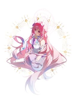 1girl absurdly_long_hair absurdres bare_shoulders breasts closed_mouth commentary cyrene_(demiurge)_(honkai:_star_rail) cyrene_(honkai:_star_rail) dress flower full_body hair_between_eyes hair_flower hair_ornament halo halo_behind_head highres honkai:_star_rail honkai_(series) long_hair looking_at_viewer pink_eyes pink_hair pointy_ears purple_flower purple_rose rose smile tujiu_sama very_long_hair white_background white_dress