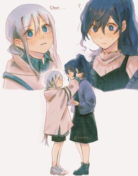 2girls ? asahina_mafuyu black_dress black_shoes blue_eyes blue_hair blue_jacket blue_shoes blush commentary dress english_commentary grey_hair hand_on_another&#039;s_neck highres hood hoodie jacket multiple_girls parted_lips pinafore_dress project_sekai rockdrop shirt shoes sleeveless sleeveless_dress staring white_hoodie white_shirt yoisaki_kanade yuri