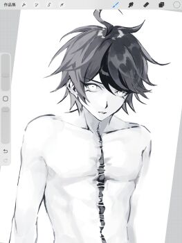 1boy ahoge art_program_in_frame collarbone greyscale highres male_focus monochrome multicolored_hair no_nipples nude procreate_(medium) procreate_(software) richost sanpaku scar scar_on_chest short_hair simple_background solo streaked_hair sumino_takumi the_hundred_line_-last_defense_academy- two-tone_hair upper_body white_background