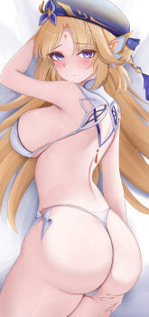 1girl absurdres adapted_costume arm_up ass back bikini blonde_hair blue_eyes blue_hat blush breasts closed_mouth clothing_cutout commentary_request facial_mark forehead_mark from_above from_behind furrowed_brow genshin_impact hair_ornament hair_spread_out hand_on_own_ass hat highres izumiillus large_breasts long_hair looking_at_viewer looking_back lying median_furrow nicole_reeyn on_side paid_reward_available parted_bangs sideboob simple_background solo star_(symbol) string_bikini swimsuit symbol-shaped_pupils thighs turning_head very_long_hair white_background white_bikini