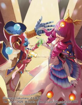 Rule 34 | 2026, 2girls, assault visor, between fingers, blue eyes, card, card between fingers, commentary request, copyright notice, crown, curly hair, dress, duel masters, extra arms, from above, gloves, hagoromo, hair over eyes, hammer, holding, holding card, holding hammer, long hair, miroku (duel masters), monster girl, multiple girls, official art, open mouth, pink hair, purinpurin (duel masters), red gloves, robot girl, shawl, tokumaro, white gloves