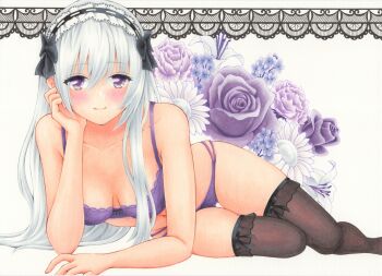 1girl black_bow black_hairband black_thighhighs blush bow bow_bra bow_hairband bow_legwear bow_panties bra breasts closed_mouth collarbone commentary_request elbow_rest floral_background flower foot_out_of_frame frilled_hairband frills hair_between_eyes hairband hand_rest hand_up highres large_breasts light_smile long_bangs long_hair looking_at_viewer lying marker_(medium) midori_(mira567) navel notched_ear original panties purple_bra purple_eyes purple_flower purple_panties purple_rose rose solo straight_hair thighhighs traditional_media underwear underwear_only white_background white_flower white_hair