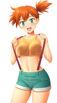 1girl :d bare_arms blush breasts collarbone commentary_request covered_erect_nipples cowboy_shot eyelashes green_eyes green_shorts hands_up highres looking_at_viewer midriff misty_(pokemon) navel nintendo open_mouth orange_hair pokemon pokemon_(anime) pokemon_(classic_anime) shirt short_shorts shorts side_ponytail simple_background sin-go small_breasts smile solo suspenders teeth tongue upper_teeth_only white_background yellow_shirt