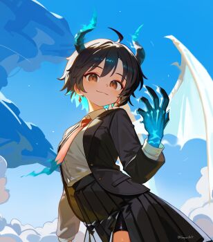Rule 34 | 1girl, absurdres, ahoge, black hair, black jacket, black skirt, blue hands, blue horns, blue sky, blush, brown eyes, closed mouth, cloud, collared shirt, commentary, cowboy shot, day, english commentary, hand up, hepari, highres, horns, jacket, long sleeves, looking at viewer, necktie, open clothes, open jacket, original, outdoors, pleated skirt, red necktie, shirt, short hair, skirt, sky, smile, solo, white shirt