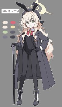 Rule 34 | 1girl, absurdres, alternate costume, animal ear hairband, animal ears, black gloves, black hairband, black hat, black jacket, black leotard, black pantyhose, blonde hair, blue archive, boots, bow, bowtie, cane, detached collar, fake animal ears, gloves, green eyes, grin, hairband, hand on own hip, hat, highres, holding, holding cane, jacket, leotard, long hair, looking at viewer, pantyhose, professor niyaniya (blue archive), rabbit ear hairband, rabbit ears, red bow, red bowtie, sidelocks, smile, vector (dmlddmld00), very long hair, white boots