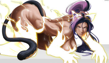 1girl all_fours alternate_form artist_name bare_shoulders bleach bleach:_sennen_kessen-hen breasts closed_mouth dark-skinned_female dark_skin electricity female_focus hair_ornament hanging_breasts large_breasts long_hair looking_at_viewer maousr parted_bangs ponytail purple_hair shihouin_yoruichi simple_background tail toned toned_female variant_set white_background yellow_electricity yellow_eyes