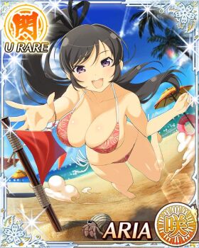 1girl :d aria_(senran_kagura) beach beach_umbrella bikini black_hair black_ribbon border breasts card_(medium) character_name cleavage english_text game_cg hair_ribbon hermit_crab high_side_ponytail jumping large_breasts long_hair looking_at_viewer navel ocean official_alternate_costume official_art open_mouth purple_eyes reaching red_bikini red_flag ribbon senran_kagura senran_kagura_new_wave side-tie_bikini_bottom smile solo swimsuit umbrella
