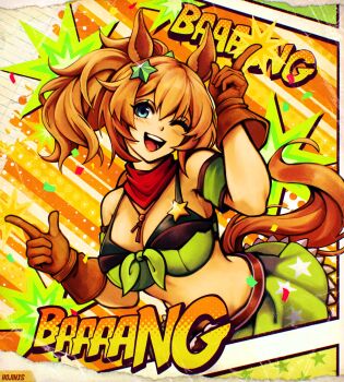 1girl animal_ears artist_name blue_eyes blush breasts brown_gloves brown_hair cleavage confetti finger_gun gloves green_skirt hair_ornament highres hojinxs horse_ears horse_girl horse_tail large_breasts looking_at_viewer one_eye_closed open_mouth ponytail short_hair short_ponytail skirt smile solo star_(symbol) star_hair_ornament taiki_shuttle_(umamusume) taiki_shuttle_(wild_frontier)_(umamusume) tail teeth tongue umamusume upper_teeth_only