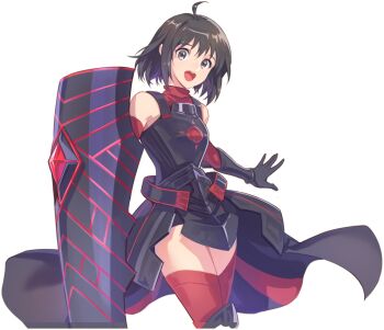 Rule 34 | 1girl, ahoge, alpha transparency, archived source, armor, armored dress, artist request, bare shoulders, black armor, black bracer, black gloves, black thighhighs, bob cut, bracer, cowboy shot, cuirass, detached sleeves, dress, faulds, floral print, gem, gloves, grey eyes, holding, holding shield, itai no wa iya nano de bougyoryoku ni kyokufuri shitai to omoimasu, legs together, looking at viewer, maple (bofuri), nexon, official art, open hand, open mouth, print armor, red gemstone, red sleeves, rose print, second-party source, shield, shirt, sidelocks, simple background, sleeveless, sleeveless shirt, solo, tales weaver, teeth, thighhighs, tongue, transparent background, turtleneck, turtleneck shirt, upper teeth only, waist cape