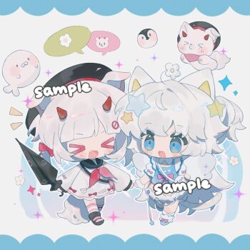 &gt;_&lt; 2girls :d animal_ears bai_xiong_nailaojuan black_hat black_shoes black_umbrella blue_dress blue_eyes blue_shoes blunt_bangs blush_stickers cat_ears cat_girl cat_tail chibi chibi_only closed_eyes dog dog_ears dog_girl dog_tail dress fang full_body grey_hair hat highres holding holding_umbrella horns kneehighs long_hair long_sleeves multiple_girls neckerchief open_mouth original pink_socks red_horns red_neckerchief sailor_dress sample_watermark shoes short_hair smile socks standing star_(symbol) striped_clothes striped_socks tail umbrella watermark white_dress white_socks xd