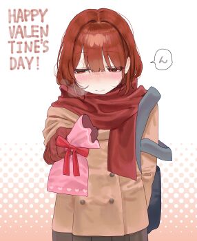 absurdres bag blush brown_jacket chara_(undertale) genderswap genderswap_(otf) heart_soma highres jacket red_scarf scarf school_bag school_uniform skirt solo tagme translation_request undertale utdr_(toby_fox) valentine