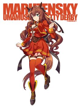 1girl absurdres animal_ears artist_name breasts brown_hair character_name cleavage cropped_jacket drill_hair full_body green_eyes highres horse_ears horse_girl horse_tail jacket li_li_li_li_jun long_hair looking_at_viewer maruzensky_(formula_r)_(umamusume) maruzensky_(umamusume) miniskirt one_eye_closed open_clothes open_jacket red_jacket red_skirt red_thighhighs skirt smile solo tail thigh_strap thighhighs umamusume white_background