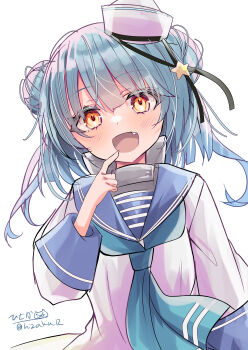 1girl absurdres aqua_neckerchief black_ribbon blue_hair blue_sailor_collar dixie_cup_hat double_bun fang hair_bun hat hat_ribbon highres hizaka kantai_collection military_hat navy_cross neckerchief one-hour_drawing_challenge red_eyes ribbon sailor_collar sailor_shirt samuel_b._roberts_(kancolle) samuel_b._roberts_mk_ii_(kancolle) school_uniform serafuku shirt simple_background sleeve_cuffs smile solo twintails upper_body whale white_background white_hat white_shirt