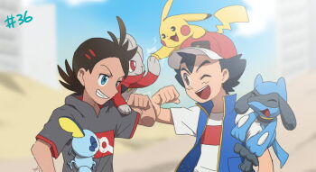 2boys antenna_hair ash_ketchum baseball_cap blue_eyes blue_vest brown_eyes clenched_hands dark-skinned_male dark_skin day dessert food gen_1_pokemon gen_4_pokemon gen_8_pokemon goh_(pokemon) grey_shirt grin hat high_five multiple_boys nintendo on_head on_shoulder one_eye_closed open_clothes open_mouth open_vest outdoors pikachu pokemon pokemon_(anime) pokemon_(creature) pokemon_journeys pokemon_on_head pokemon_on_shoulder raboot red_headwear riolu shirt short_hair short_sleeves smile sobble spiked_hair vest white_shirt yas9_9