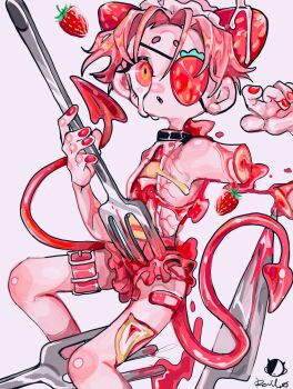1boy :o amatou_akuma amputee artist_name bandaid bandaid_on_leg bandaid_on_thigh bare_shoulders belt belt_buckle belt_collar bisected black_choker bleeding blood blood_drip blood_on_fork bloody_knife body_horror buckle cake cake_slice character_name choker collar cuts demon_boy demon_tail dessert dripping dripping_eye eyepatch feet_out_of_frame fingernails food food-themed_eyewear food-themed_horns fork frills fruit full_body guro hand_up hands_up highres holding holding_fork holding_utensil horns index_finger_raised injury knife liquid looking_at_viewer looking_up lying maid_headdress male_focus meat micro_shorts mini_person miniboy multicolored_eyes multiple_tails nail_polish object_on_head on_back one_eye_covered original oversized_fork oversized_object oversized_utensils parted_bangs parted_lips pastry pink_arm_strap pink_belt pink_buckle pink_eyes pink_frills pink_hair pink_headdress pink_shorts pink_tail pink_thigh_strap pink_veins red_eyes red_horns red_nails red_theme short_hair short_shorts shorts signature simple_background solo stab strawberry strawberry_shortcake tail teeth thigh_strap topless_male trap two_tails upper_teeth_only utensil veins very_short_hair white_background yellow_eyes