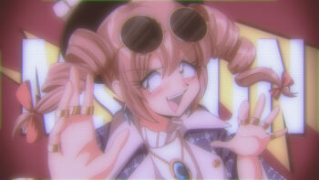 1990s_(style) 1girl absurdres araizumi_rui_(style) blue_gemstone blush brown_eyes dress drill_hair eyewear_on_head gem gold high_collar highres jewelry light_brown_hair looking_at_viewer medium_hair meme mrbeast necklace open_mouth pendant real_life retro_artstyle ring round_eyewear smile solo static step_arts sunglasses teeth touhou twin_drills upper_body upper_teeth_only white_dress yorigami_jo'on