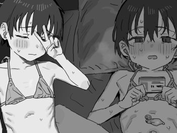 1girl barbarian_tk bikini blush closed_eyes closed_mouth commentary_request condom flat_chest greyscale halterneck holding holding_id_card id_card loli lying micro_bikini monochrome multiple_views on_back open_mouth original short_hair string_bikini swimsuit used_condom v v_over_eye very_short_hair