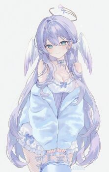 Rule 34 | 1girl, alternate costume, aqua eyes, bag, blue choker, blue hair, blue jacket, breasts, choker, cleavage, closed mouth, commentary request, corset, cowboy shot, dress, earrings, fishnet pantyhose, fishnets, frilled dress, frills, hair between eyes, halo, head wings, highres, holding, holding bag, honkai: star rail, honkai (series), jacket, jewelry, light blush, long hair, medium breasts, open clothes, open jacket, own hands together, pantyhose, robin (honkai: star rail), silltare, simple background, single earring, sleeves past wrists, smile, solo, twitter username, v arms, very long hair, watermark, web address, white background, white dress, wings