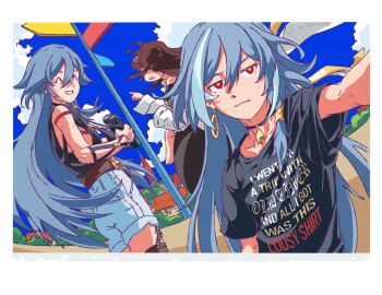 3girls :| ^_^ absurdres alternate_costume annoyed binoculars black_choker black_shirt blue_sky book_of_fuxi brown_hair choker closed_eyes closed_mouth clothes_writing cloud cloudy_sky collarbone commentary earrings english_text eudaemonm fu_hua herrscher_of_sentience fu_hua_(night_squire) fu_hua_(rustic_noir) hair_between_eyes happy highres holding holding_binoculars honkai_(series) honkai_impact_3rd house jewelry long_sleeves multicolored_hair multiple_girls muscular muscular_female official_alternate_costume open_mouth pointing selfie shirt shorts single_earring sky sleeveless spoilers standing streaked_hair symbol-only_commentary taking_picture upper_body v-shaped_eyebrows white_shorts white_sleeves yellow_pupils