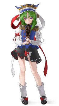 Rule 34 | 1girl, absurdres, asymmetrical hair, black shoes, black skirt, blue eyes, blue hat, blue vest, bow, closed mouth, commentary request, epaulettes, footwear bow, frilled hat, frills, full body, green hair, hat, highres, long hair, long sleeves, looking at viewer, red bow, ribbon-trimmed skirt, ribbon trim, rod of remorse, ropu 1, shiki eiki, shoes, skirt, sleeve bow, socks, solo, touhou, vest, white bow, white socks
