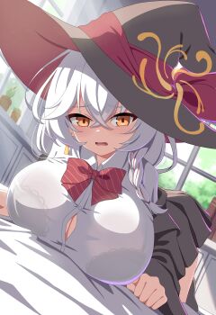 1girl absurdres bed bed_sheet black_hat black_jacket black_skirt blue_archive blush book bow bowtie bra_visible_through_clothes braid breasts button_gap buttons cleavage collared_shirt commentary_request crossed_bangs day dutch_angle earrings eri_(blue_archive) fuyunash1 hair_between_eyes halo hat hat_ribbon highres indoors jacket jewelry large_breasts long_hair looking_at_viewer lying multicolored_hair off_shoulder on_bed on_stomach open_mouth orange_eyes plant pleated_skirt potted_plant red_bow red_ribbon red_streaks revision ribbon see-through_clothes shirt side_halo single_braid single_earring skirt solo streaked_hair triangle_earrings two-sided_fabric two-sided_headwear white_hair white_shirt window witch_hat yellow_halo