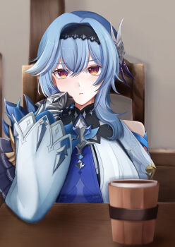 1girl black_gloves black_hairband blue_hair blue_necktie blush breasts chair chest_harness closed_mouth clothing_cutout eula_(genshin_impact) genshin_impact gloves hairband hand_up harness head_rest highres large_breasts looking_at_viewer necktie on_chair orange_eyes saika_0a shoulder_cutout sitting solo tankard upper_body wide_sleeves