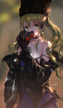 1girl bare_shoulders black_choker black_gloves black_hat blurry choker chromatic_aberration code_vein collarbone depth_of_field earpiece female_focus fur-trimmed_sleeves fur_hat fur_trim gas_mask gloves green_eyes green_hair hat highres holding holding_mask long_hair long_sleeves looking_at_viewer mask mia_karnstein off_shoulder papakha purple_skirt signature skirt solo strap_slip swd3e2 twintails unworn_mask upper_body