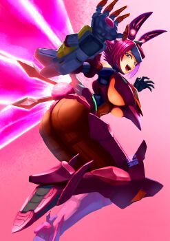 1girl absurdres ass blue_eyes boots breasts code_geass cosplay energy_wings female_focus gloves guren_(code_geass) guren_(code_geass)_(cosplay) guren_s.e.i.t.e.n._eight_elements helmet high_heel_boots high_heels highres kouzuki_kallen large_breasts mecha_musume mechanical_arms medium_hair pink_background red_hair shahnmono simple_background single_mechanical_arm smile