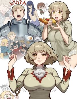 3boys 4girls armor beard blonde_hair blush blushyspicy breasts chilchuck_tims chimera dungeon_meshi dwarf elf english_text facial_hair fake_horns falin_touden falin_touden_(chimera) green_eyes green_scarf halfling helmet highres holding horned_helmet horns izutsumi laios_touden long_beard long_hair long_sleeves looking_at_viewer marcille_donato mermaid monster_girl multiple_boys multiple_girls music open_mouth plate_armor pointy_ears scarf senshi_(dungeon_meshi) short_hair simple_background singing smile