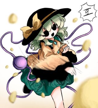 1girl beans black_hat bow buttons commentary_request diamond_button empty_eyes eyeball floral_print frilled_shirt_collar frilled_sleeves frills green_hair green_skirt hat hat_bow heripantomorrow komeiji_koishi long_sleeves looking_at_viewer mamemaki open_mouth print_skirt rose_print setsubun shirt skirt smile solo speech_bubble third_eye throwing touhou translation_request wide_sleeves yellow_bow yellow_shirt