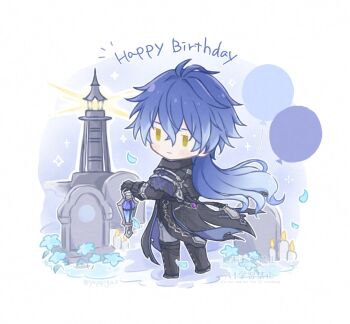 Rule 34 | 1boy, balloon, black boots, black capelet, black coat, blue flower, blush stickers, boots, building, candle, capelet, closed mouth, coat, commentary request, crossed bangs, double-parted bangs, fire, flins (genshin impact), flower, genshin impact, gradient hair, grey pants, happy birthday, highres, lighthouse, long hair, male focus, multicolored hair, pants, pigumon, smile, solo, standing, tombstone, very long hair, watermark, white background, white hair, yellow eyes