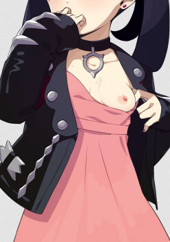 1girl black_choker black_hair black_jacket breasts choker clothes_pull dress dress_pull eyes_out_of_frame grey_background head_out_of_frame highres jacket long_sleeves marnie_(pokemon) morisobo nintendo nipples one_breast_out open_clothes open_jacket pink_dress pokemon pokemon_swsh short_hair simple_background small_breasts solo