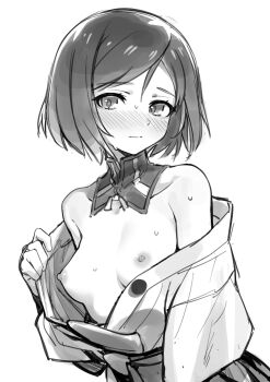 1girl blush breasts breasts_out collarbone commentary embarrassed english_commentary fankupl gloves hakama hakama_skirt highres japanese_clothes kimono kuroda_kunika looking_at_viewer nipples noble_witches short_hair simple_background skirt small_breasts solo sweat white_background white_kimono world_witches_series