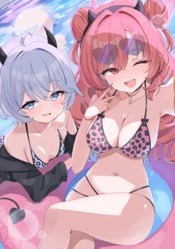 2girls ahoge animal_print antenna_hair bikini black_bikini black_jacket blue_archive blue_eyes breasts cleavage commentary_request crossed_legs demon_horns demon_tail double_bun erika_(blue_archive) fake_horns gold_necklace grey_halo hair_between_eyes hair_bun hair_intakes halo highres horns ichipon1515 jacket jewelry kirara_(blue_archive) large_breasts leopard_print leopard_print_bikini lifebuoy long_hair looking_at_another medium_hair multicolored_bikini multiple_girls navel necklace off_shoulder one_eye_closed pink_bikini pink_eyes pink_halo pool print_bikini red_hair selfie small_breasts swim_ring swimsuit tail v white_bikini white_hair