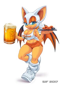 1girl alcohol artist_collaboration beer breasts bursting_breasts cleavage food furry green_eyes hooters large_breasts looking_at_viewer rouge_the_bat sega short_hair sideboob sif smile sonic_(series) sonic_forces wings