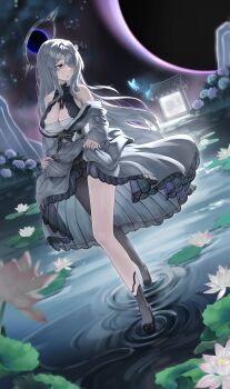 1girl absurdres bandaged_chest bare_shoulders bilingual_commentary black_hole black_panties black_shoes blue_butterfly breasts bug butterfly chest_sarashi cleavage clothes_lift commentary commentary_request commission covered_collarbone dutch_angle english_commentary eyes_visible_through_hair fireflies flower full_body glowing_butterfly grey_hair grey_halo hair_between_eyes hair_intakes halo hanbok high_heels highres insect kim_boki korean_clothes korean_commentary large_breasts legs light_particles lily_pad long_hair looking_ahead looking_to_the_side mixed-language_commentary night obi off_shoulder original panties parted_lips ripples sarashi sash see-through_clothes shoes sidelocks solo standing standing_on_liquid thighs underwear very_long_hair water water_lily_flower