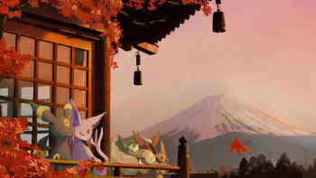 absurdres architecture autumn_leaves black_fur brown_fur closed_eyes closed_mouth east_asian_architecture eevee espeon flareon forehead_jewel forked_tail gem gen_1_pokemon gen_2_pokemon gen_4_pokemon highres karu_wacame leaf leafeon mount_fuji mountain neck_fur nintendo no_humans open_mouth orange_fur pokemon pokemon_(creature) purple_fur red_gemstone sky smile tail umbreon yellow_fur