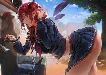 1girl absurdres ass bent_over black_serafuku black_shirt black_skirt blue_eyes blue_sky braid cloud commentary dated_commentary day double_halo drinking_fountain from_side hair_over_shoulder halo hand_up highres hololive hololive_english horns irys_(gaming_casual)_(hololive) irys_(hololive) long_sleeves looking_at_viewer low_twin_braids midriff_peek miniskirt official_alternate_costume official_alternate_hairstyle open_mouth outdoors pleated_skirt pointy_ears puffy_long_sleeves puffy_sleeves red_hair rororo school_uniform serafuku shirt skirt sky solo star_halo tongue tongue_out tree twin_braids virtual_youtuber water