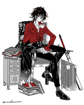 1boy absurdres book chair commentary_request cup curly_hair dante_alighieri_(fate) fate/grand_order fate_(series) full_body greyscale highres holding holding_cup long_sleeves looking_at_viewer male_focus medium_hair monochrome multicolored_hair on_chair pants planted planted_sword planted_weapon red_streaks robe shirt shoes simple_background sitting smile solo spot_color sword teacup tuukounin1 weapon white_background