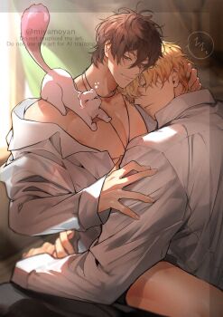 2boys animal animal_on_shoulder antenna_hair bare_legs black_pants blonde_hair blurry blurry_background blush brown_hair closed_eyes closed_mouth collared_shirt couple curtains eiden_(nu_carnival) ermine hair_between_eyes hickey highres hug indoors jewelry long_sleeves looking_at_another male_focus messy_hair miyamoyan multiple_boys muscular muscular_male necklace nu_carnival off_shoulder on_lap open_clothes open_shirt pants pectoral_cleavage pectorals quincy_(nu_carnival) shirt short_hair single_bare_shoulder sitting sitting_on_lap sitting_on_person sleeping sleeping_on_person smile speech_bubble spoken_zzz topper_(nu_carnival) twitter_username watermark weasel white_shirt yaoi zzz