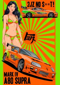 1girl arm_strap armpits bikini black_hair bra brown_eyes car fast_&amp;_furious hair_behind_ear hair_between_eyes highres looking_at_viewer midriff motor_vehicle navel oc_x_canon orange_bikini original outdoors panties solo spoiler_(automobile) strapless supra swimsuit the_fast_and_the_furious toyota toyota_supra toyota_supra_mk_iv underwear vehicle_focus