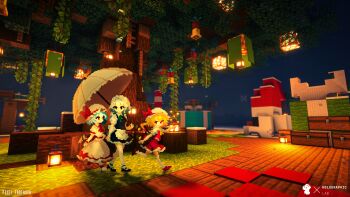 1girl 2girls absurdres apron ascot bat_wings blonde_hair blue_eyes blue_hair blush bow braid chinese_commentary commentary_request crystal dress flandre_scarlet frills game_screenshot_background grey_hair hair_bow hat hat_ribbon highres izayoi_sakuya long_hair maid maid_headdress minecraft mob_cap multiple_girls open_mouth pixel_art puffy_sleeves purple_hair red_eyes remilia_scarlet ribbon screenshot_background shirt short_hair short_sleeves side_ponytail skirt smile takeez3 touhou twin_braids wings