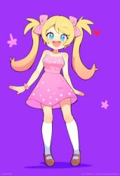 1girl animated audible_music blonde_hair blue_eyes bow breasts brown_shoes dancing dress hair_bow heart_(symbol) hybrid_animation kneehighs live2d long_twintails looping_animation mary_janes medium_breasts pink_bow pink_dress polka_dot polka_dot_dress purple_background scrunchie shoes simple_background smile socks solo sound star_(symbol) tagme twintails video white_socks wrist_scrunchie