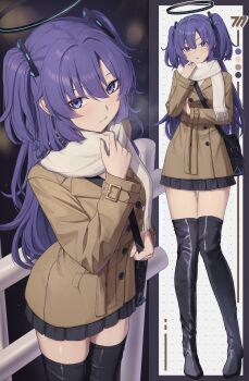 1girl absurdres alternate_costume black_halo blue_archive blue_eyes brown_jacket halo highres huran_tea jacket long_sleeves mechanical_halo purple_hair scarf solo white_scarf yuuka_(blue_archive)