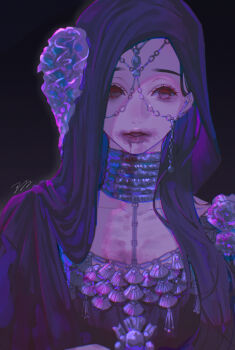 1girl absurdres aegyo_sal black_background black_hair chain commentary_request earrings elden_ring elden_ring_nightreign headdress highres jewelry long_hair neck_ring official_alternate_costume open_mouth purple_theme red_eyes signature solo suidrawsui undertaker_(elden_ring) upper_body veil
