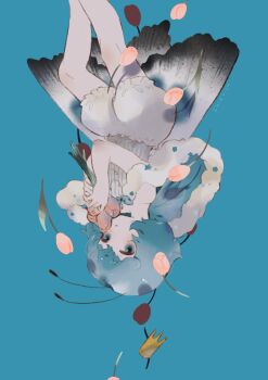 1girl absurdres antennae blue_background blue_bow blue_capelet blue_eyes blue_hair bow butterfly_wings capelet closed_mouth crown fairy fairy_wings flower folded_wings grey_wings highres holding holding_flower insect_wings looking_at_viewer mini_crown original pink_flower pink_tulip shieriru shirt short_hair shorts simple_background solo tulip upside-down white_shirt white_shorts wings